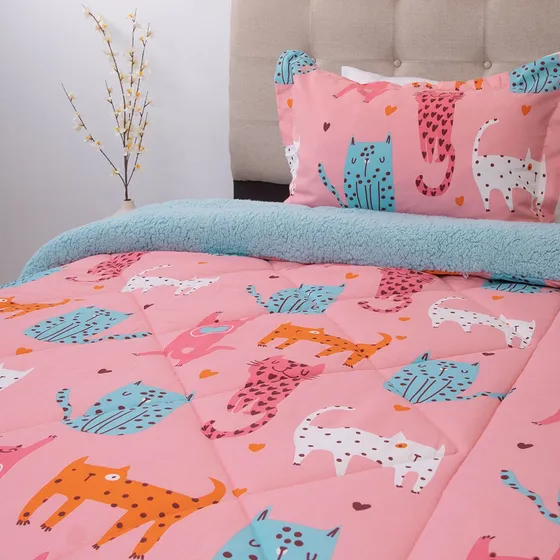 Plumón Estampado Infantil Gatos Deluxe Sherpa Rosa Gatos