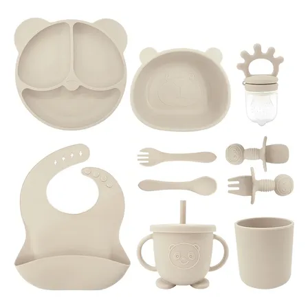 Set 10pcs Alimentación Silicona Dividida Con Ventosa Bebés Color Beige