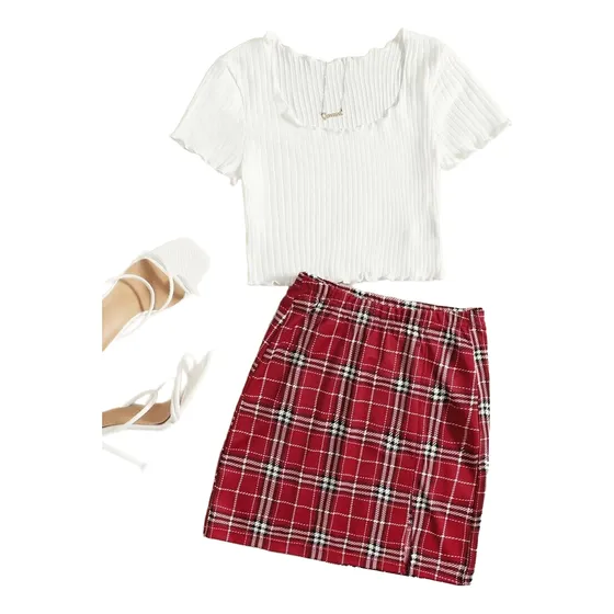 Conjunto Shein 2 Piezas Top Y Falda De Cuadros Algodón Mujer