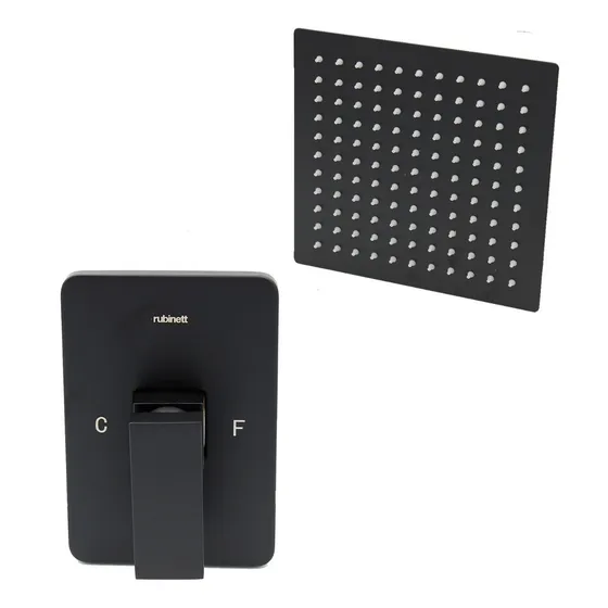 Regadera 25cm Y Monomando Cuadrados Negro Mate Sin Brazo 