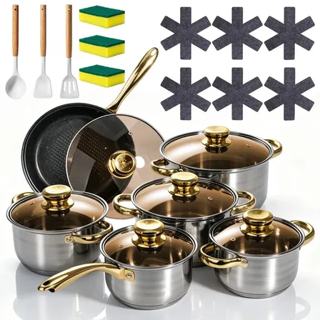 Jogo De Panelas Prime Ware-Es 12 Peças de Aço Inox Premium Com Medidor e Tampa De Vidro Para Indução