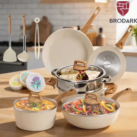 Juego de Batería de Cocina Brodark de 15 Piezas con Revestimiento Antiadherente de Granito y Mangos de Madera, Compatible con Inducción