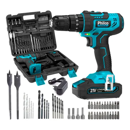 Parafusadeira Furadeira De Impacto Profissional 21v 3/8 10mm Philco Ppf21mf Com Maleta E 74 Acessórios Cor Azul 127/220v 60 Hz