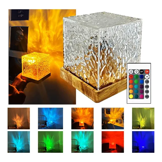 Velador Luz Lampara Aurora Boreal Oceano Yoga C/ Control Usb Madera Transparente