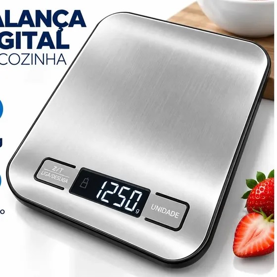 Balança Digital Cozinha 10kg Touch Alta Precisão Portátil Profissional Para Pesar Alimentos Confeitaria Dieta Fitness Nutricional Eletrônica Display LCD Aço Inox - U maisu