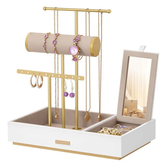 Organizador De Joyería Metálico Con Espejo, Blanco Y Dorado.