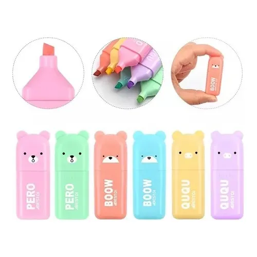 Kit 6 Mini Marca Texto Ursinho Kawaii Boow Fluorescente