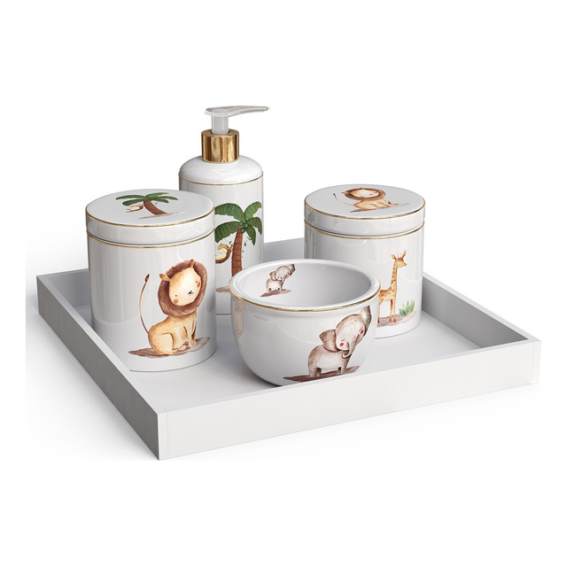 Kit Higiene Safari Com Friso Em Ouro E Bandeja Mdf 5 Peças Kit Higiene Safari Com Friso Em Ouro E Bandeja Mdf 5 Peças