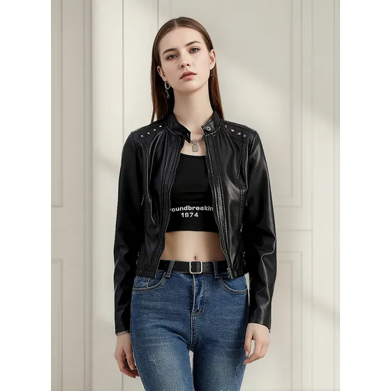 Chamarra De Cuero Mujer Curto Motociclista Punk Rock Metal