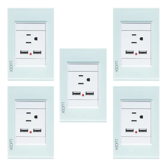 Paq 5 Placas Con Contacto Y 2 Entradas De Usb Lucek Cristal 16 A 250v Cristal