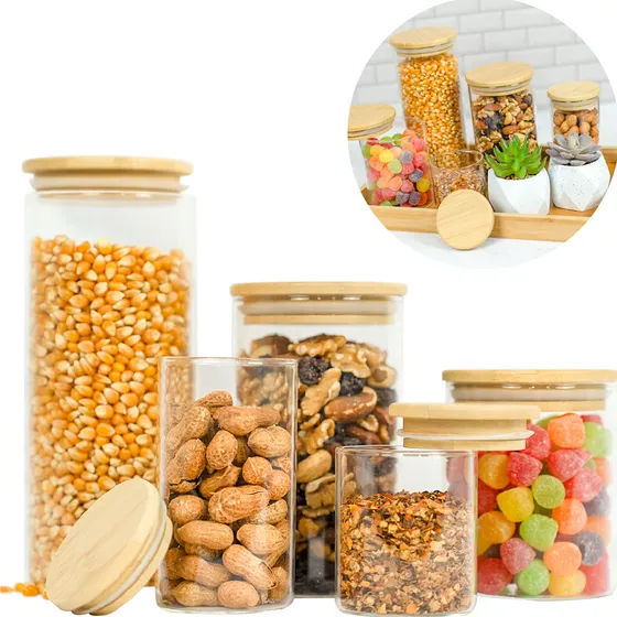 Kit 5 Pote Vidro Hermético Tampa Bambu Redondo Cozinha Oikos