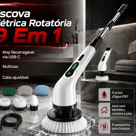 Escova Rotatória Multiuso 9 Em 1 Elétrica Recarregável Para Higienização Completa Da Casa