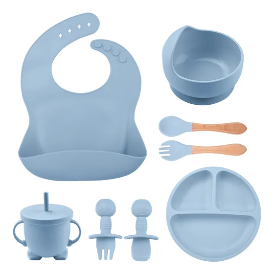 Plato Silicona Para Bebé Autoadherible Set Alimentacion 8pzs Color Azul