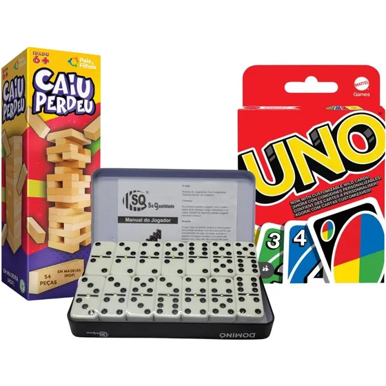 Unocartas + Caiu Perdeu + Dominó 28 Pçs Estojo Lata Jogo Kit