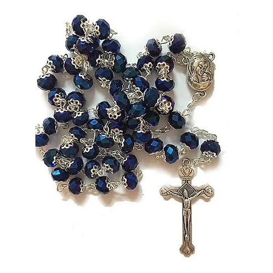 Rosario Con Cuentas De Cristal Azul 7mm Virgen María /tierra
