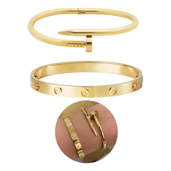 Kit Braceletes Femininos Aço Inox E Ouro 18k Não Perde A Cor