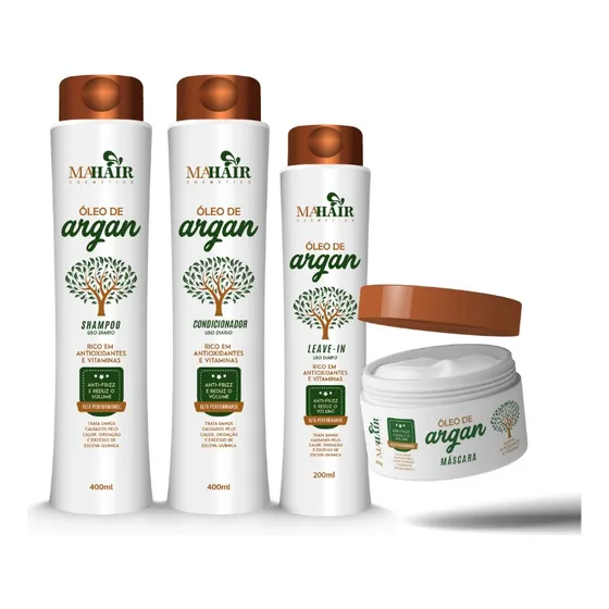 Kit Shampoo Condicionador Máscara Leave-in Óleo Argan Mahair