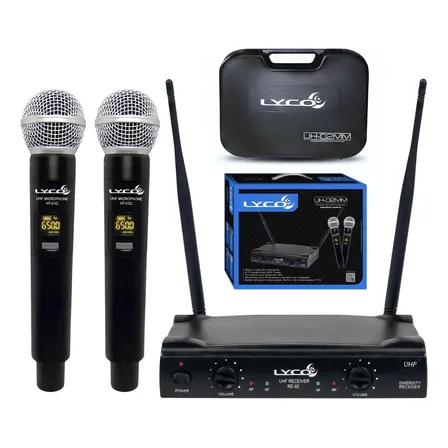 Microfone Sem Fio Duplo Lyco UH-02MM UHF 2 Mics Dinâmico Profissional