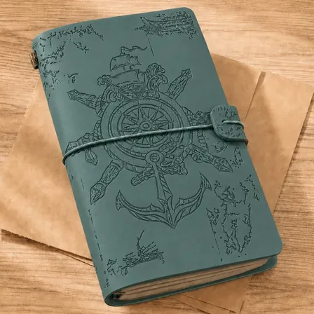 Caderno Diário Vintage Viagem Capa Couro, Com Porta-cartões Verde