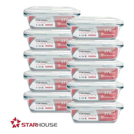 Kit 10 Marmitas Vidro Hermético Vidro Tampa Trava 370ml Star House