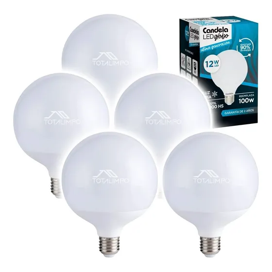 5 Lámparas Led Globo 12w (100w) Luz Fría Candela 6800