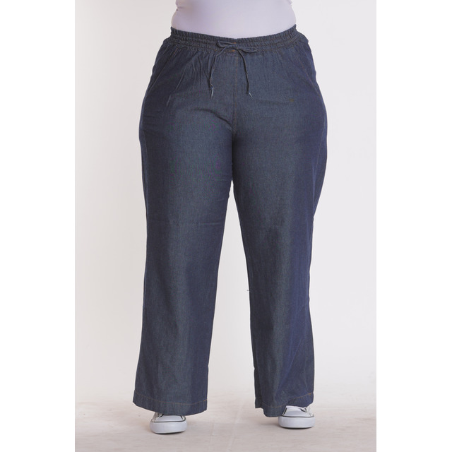 Calca Pantalona Jeans Wide Leg Plus Com Elástico Cintura Calca Pantalona Jeans Wide Leg Plus Com Elástico Cintura