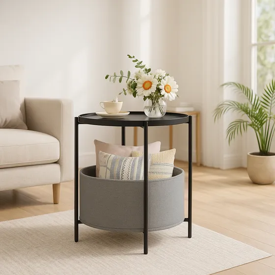 Mesa Ratona Redonda Jazak / 2 Niveles / Diseño Moderno / Con Canasto / Mesita Auxiliar / De Luz / Living / Revistero / Bandeja Removible / Estructura De Hierro / Fácil De Armar / Mide 53 X 45cm