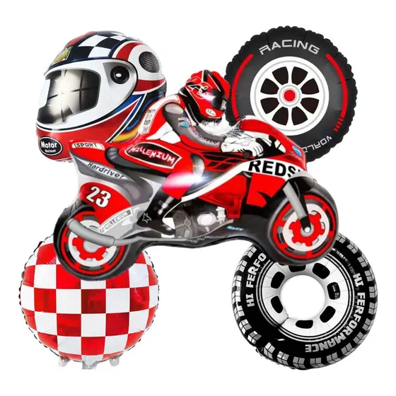 Kit 5 Balão Corrida Piloto Moto Pneus Decoração Roda Cor Vermelho