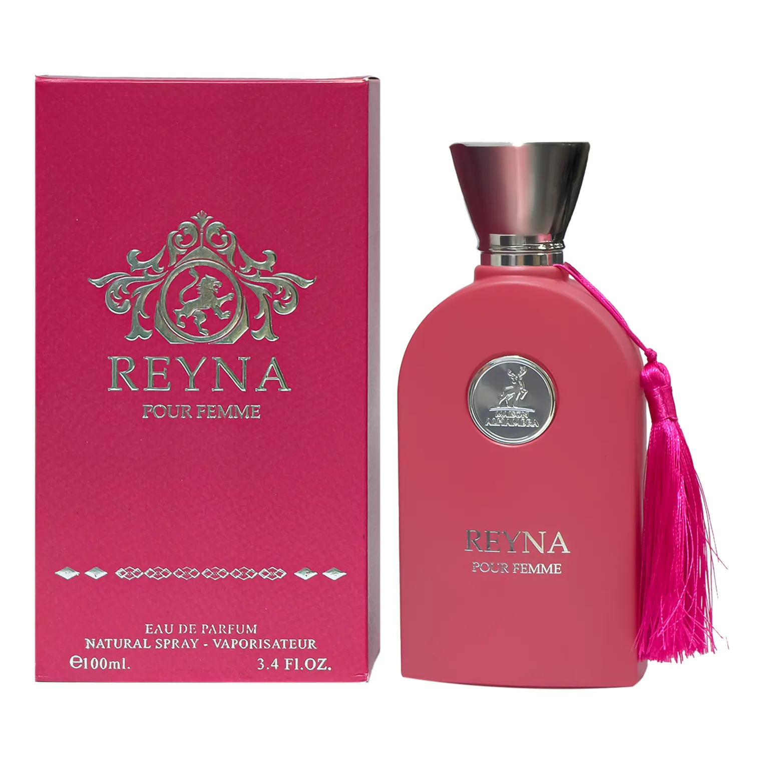 Perfume Maison Alhambra Reyna Pour Femme Edp 100ml em embalagem vermelha com detalhes dourados e tassel vermelho