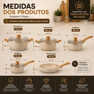 Jogo De Panelas Class Home 5 Peças Cerâmica 3,7mm Antiaderente Serve Fogão Indução Ou Gás Baunilha