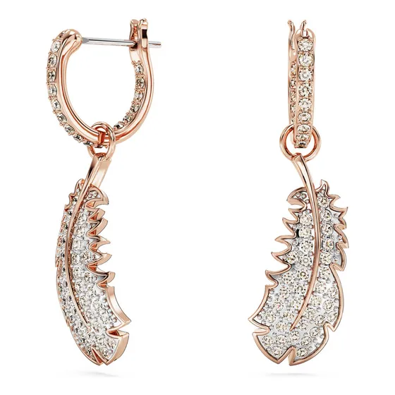 Aretes Swarovski Nice Pluma Blancos Baño Tono Oro Rosa