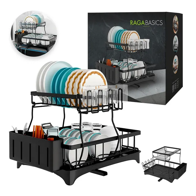 Escurridor Trastes Pro 2 niveles bandeja con canaleta 360° color negro