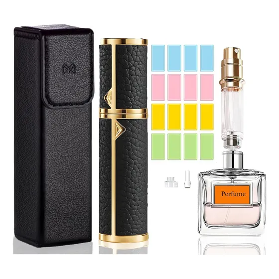 Atomizador de Perfume Rellenable Portátil, Mini Frasco de Perfume Viaje en Spray Recargable, Dispensador de Perfume 5 ml, con Funda y Adaptador (Negro)