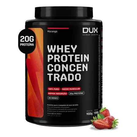 Whey Protein Concentrado DUX 900g Morango Proteína Pura Suplemento Muscular