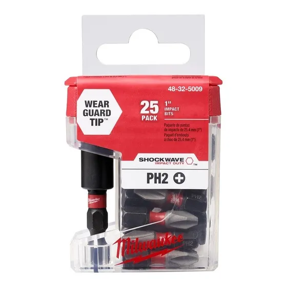 Set De 25 Puntas + Adaptador De Impacto Milwaukee Ph2 X 25mm