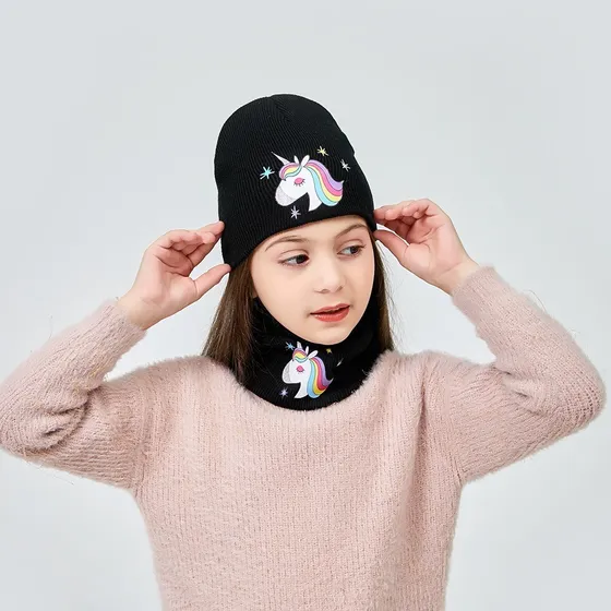 Set De Gorro Y Cuellera Unicornio De Invierno Para Niña
