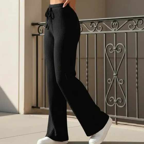 Calça Pantalona Tricô Modal Canelada Qualidade Moda Feminina