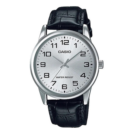 Reloj Casio MTP-V001GL-7BUDF con correa de cuero color negro y tablero color plateado Reloj Casio MTP-V001GL-7BUDF con correa de cuero color negro y tablero color plateado