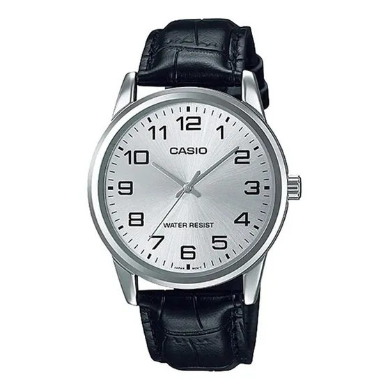 Reloj Casio MTP-V001GL-7BUDF con correa de cuero color negro y tablero color plateado