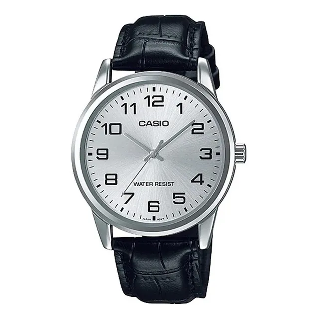Reloj Casio MTP-V001GL-7BUDF con correa de cuero color negro y tablero color plateado