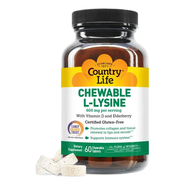 L-lisina 600 Mg Country Life 60 Tabletas Masticables Naranja