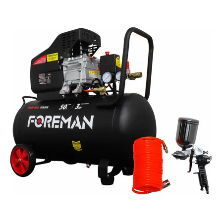 Compresor De Aire Eléctrico Portátil Foreman Fo50l 50l 3hp Accesorios Manguera Pistola Y Conector Negro 60hz Monofásica