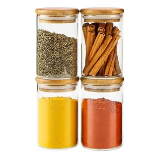 Kit Potes Vidro Tempero Porta Condimento Tampa Bambu Cozinha Kit Potes Vidro Tempero Porta Condimento Tampa Bambu Cozinha