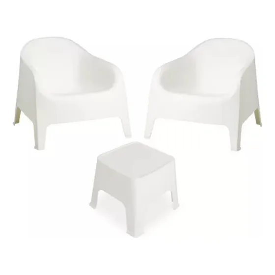 Juego Muebles Terraza Jardín 3 Piezas Plástico Blanco │ 2 Sillas Ergonómicas + Mesa Auxiliar │ Exterior Resistente e Impermeable │ Patio, Balcón, Quincho y Living
