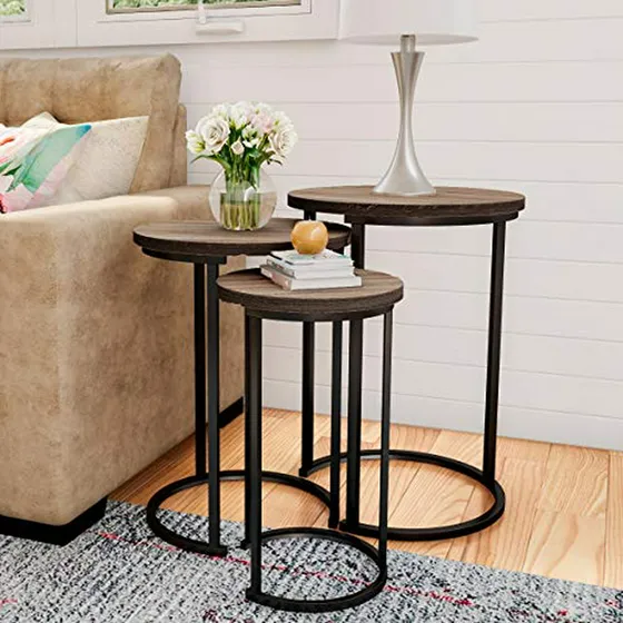  Mesas Redondas Para Sala Con Base De Metal Negro, Gris-marr