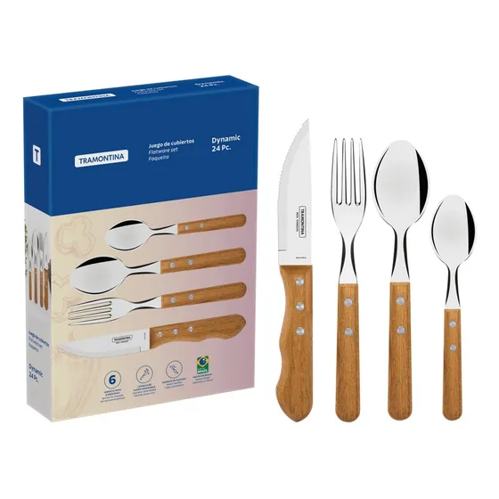 Juego de Cubiertos Dynamic con Láminas de Acero Inoxidable y Mangos de Madera Natural 24 Pzs Tramontina en Caja