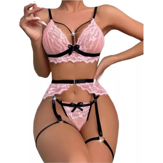 Lenceria Femenina Rosa De Encaje  Mujer Transparente Sexy