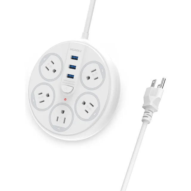 Moreka Multicontacto Electricos Extensiones, 3 Puertos Usb, 5 Contactos, Switch Largo Del Cable De 1.8m 10a Color Blanco