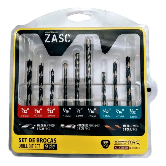 Juego De 9 Brocas Mechas Taladro Madera Concreto Metal Zasc