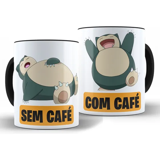 Caneca Snorlax Com Café Cerâmica Alça Preta Xícara + Caixa